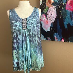 World Unity Boho Tank Top Beaded Flowy Tunic Blue Green NWT Boutique Style L